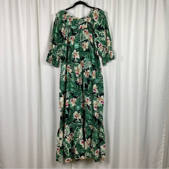 Hilo Hattie Vintage Green Tropical Print Ruffle Maxi Dress Sz.M - Picture 7 of 11